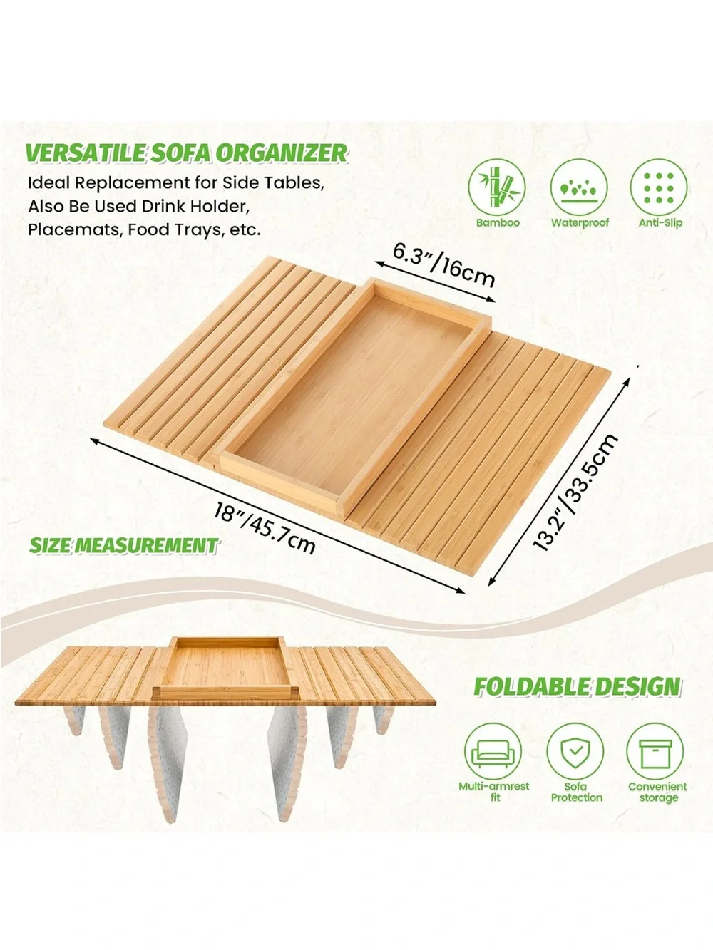 Bamboo Foldable Sofa Arm Tray - Natural